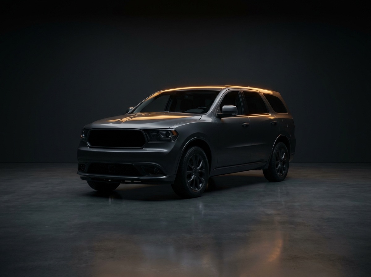 Dark gray Halcyon GX midsize SUV, three-quarter front view under showroom lighting