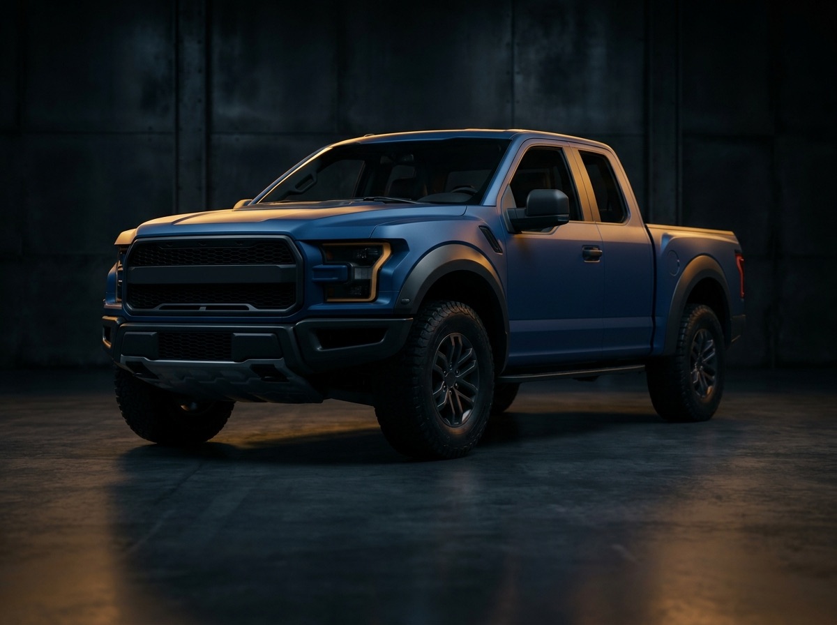 Deep blue Toro Crew pickup truck, three-quarter front view under showroom lighting