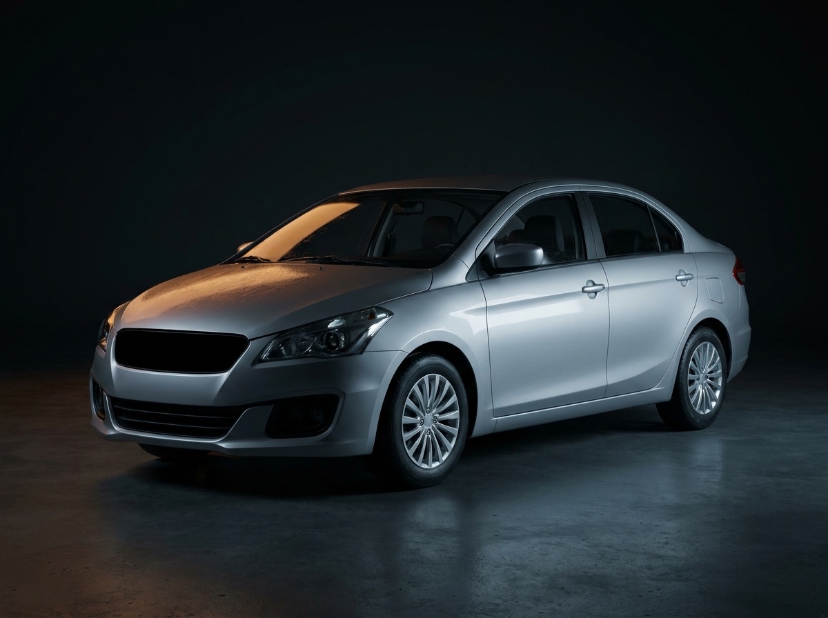 Silver Vela S compact sedan, three-quarter front view under showroom lighting